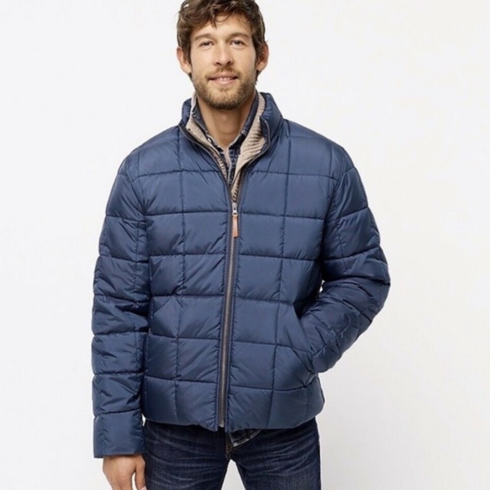 J. Crew Men’s Box Quilted Jacket Eco-Friendly PrimaLoft Blue Puffer Small